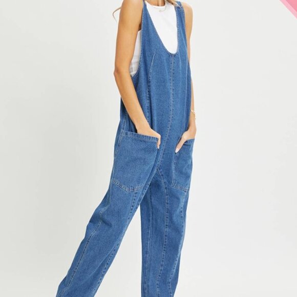Denim Jumpsuit Overalls Straps Large Patch Pockets Oversized Boho Jeans XS - Picture 3 of 10